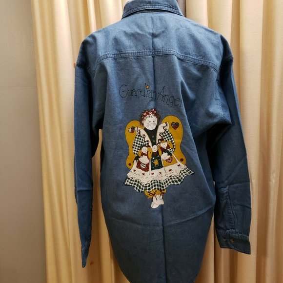 VTG. "Guardian Angel" Denim Oversized  Shirt S - Picture 3 of 12